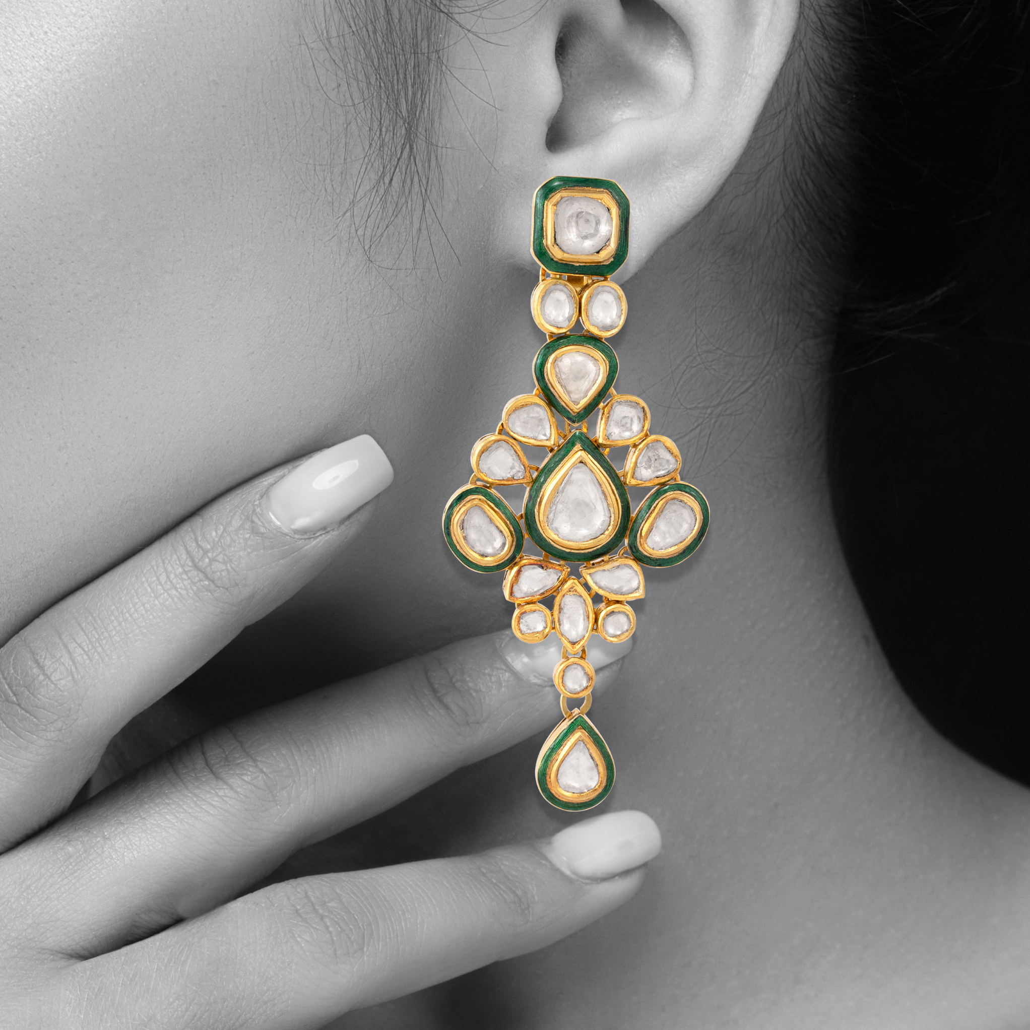 Long Green Enamel Polki Earring